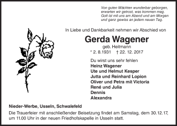 Traueranzeige von Gerda Wagener von Waldeckische Landeszeitung