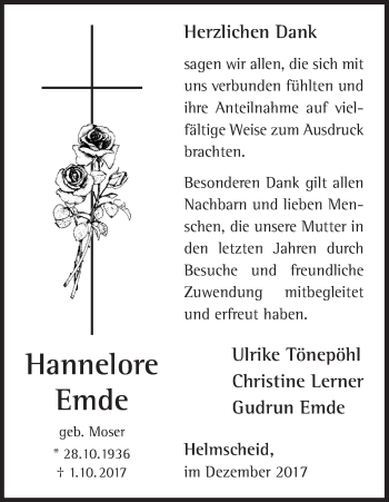 Traueranzeige von Hannelore Emde von Waldeckische Landeszeitung