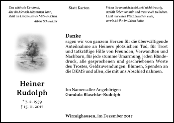 Traueranzeige von Heiner Rudolph von Waldeckische Landeszeitung