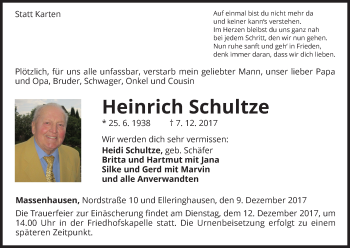 Traueranzeige von Heinrich Schultze von Waldeckische Landeszeitung