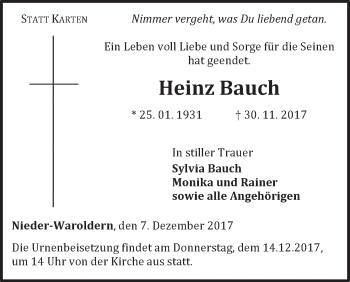 Traueranzeige von Heinz Bauch von Waldeckische Landeszeitung