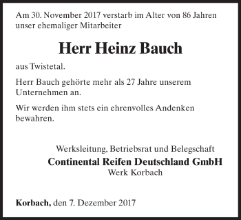 Traueranzeige von Heinz Bauch von Waldeckische Landeszeitung