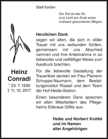 Traueranzeige von Heinz Conradi von Waldeckische Landeszeitung