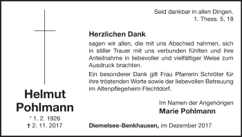 Traueranzeige von Helmut Pohlmann von Waldeckische Landeszeitung