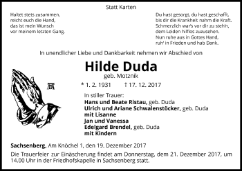 Traueranzeige von Hilde Duda von Waldeckische Landeszeitung