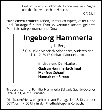 Traueranzeige von Ingeborg Hammerla von Waldeckische Landeszeitung