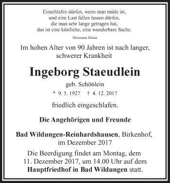 Traueranzeige von Ingeborg Staeudlein von Waldeckische Landeszeitung