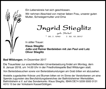 Traueranzeige von Ingrid Stieglitz von Waldeckische Landeszeitung