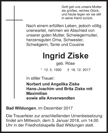 Traueranzeige von Ingrid Ziske von Waldeckische Landeszeitung