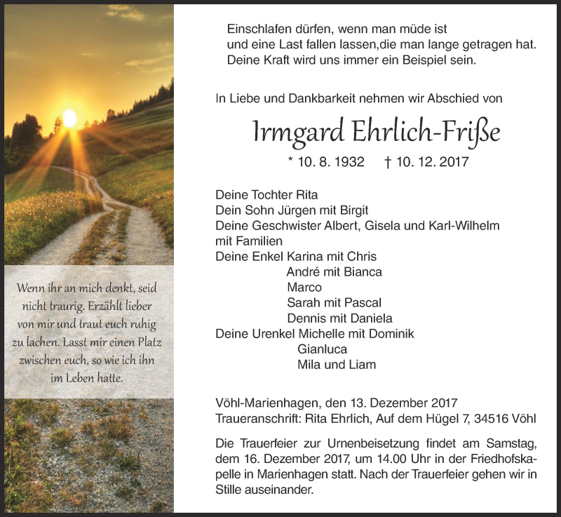  Traueranzeige für Irmgard Ehrlich-Friße vom 13.12.2017 aus Waldeckische Landeszeitung