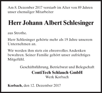 Traueranzeige von Johann Albert Schlesinger von Waldeckische Landeszeitung