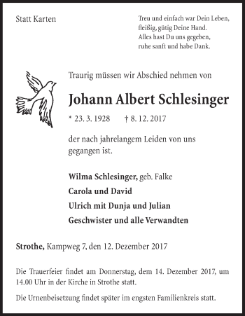 Traueranzeige von Johann Albert Schlesinger von Waldeckische Landeszeitung