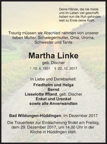 Traueranzeige von Martha Linke von Waldeckische Landeszeitung