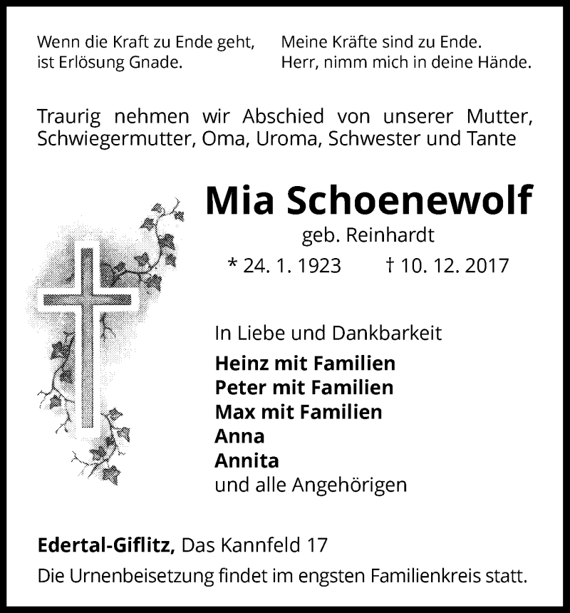  Traueranzeige für Mia Schoenewolf vom 19.12.2017 aus Waldeckische Landeszeitung