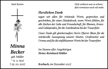 Traueranzeige von Minna Becker von Waldeckische Landeszeitung