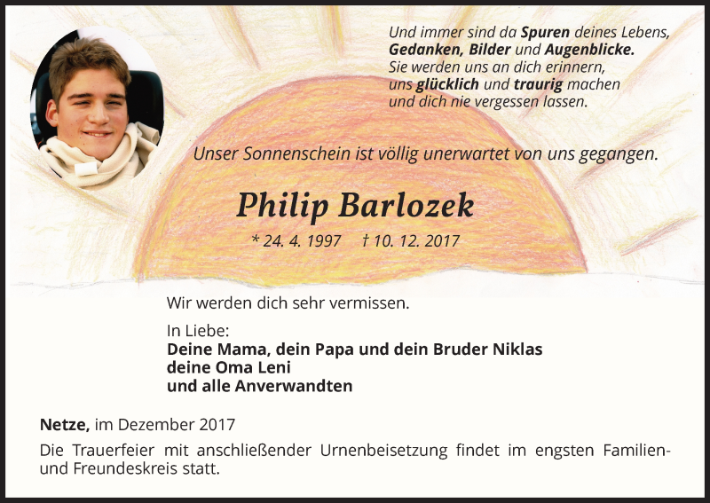  Traueranzeige für Philip Barlozek vom 16.12.2017 aus Waldeckische Landeszeitung