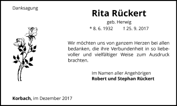 Traueranzeige von Rita Rückert von Waldeckische Landeszeitung