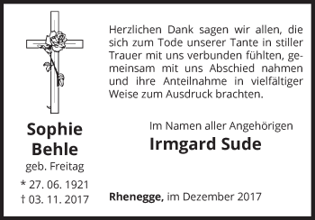 Traueranzeige von Sophie Behle von Waldeckische Landeszeitung