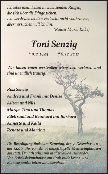 Traueranzeige von Toni Senzig von Waldeckische Landeszeitung