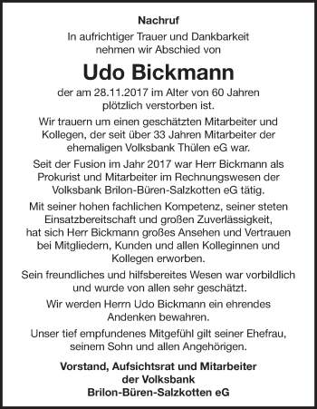 Traueranzeige von Udo Bickmann von Waldeckische Landeszeitung