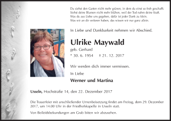 Traueranzeige von Ulrike Maywald von Waldeckische Landeszeitung