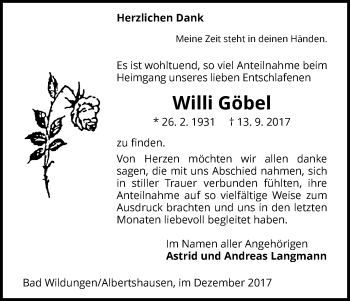 Traueranzeige von Willi Göbel von Waldeckische Landeszeitung