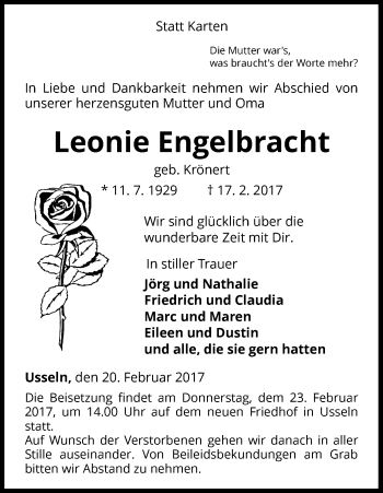 Traueranzeige von Leonie Engelbracht von Waldeckische Landeszeitung