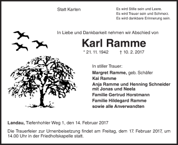 Traueranzeige von Karl Ramme von Waldeckische Landeszeitung