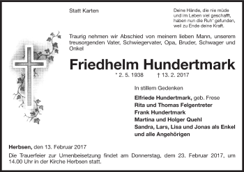 Traueranzeige von Friedhelm Hundertmark von Waldeckische Landeszeitung