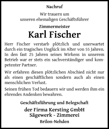 Traueranzeige von Karl Fischer von Waldeckische Landeszeitung