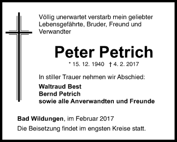 Traueranzeige von Peter Petrich von Waldeckische Landeszeitung