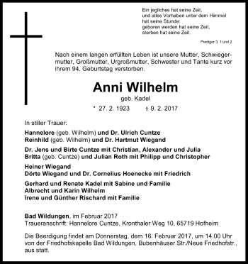 Traueranzeige von Anni Wilhelm von Waldeckische Landeszeitung