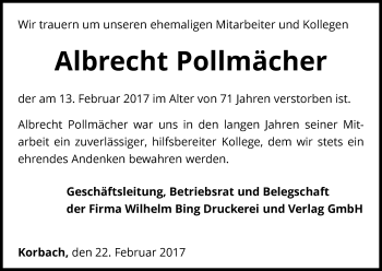 Traueranzeige von Albrecht Pollmächer von Waldeckische Landeszeitung