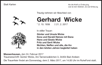 Traueranzeige von Gerhard Wicke von Waldeckische Landeszeitung