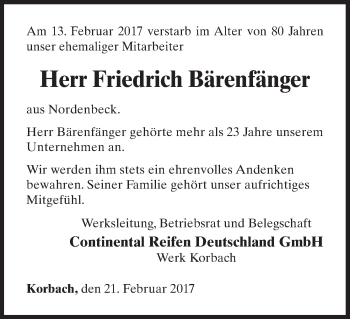 Traueranzeige von Friedrich Bärenfänger von Waldeckische Landeszeitung