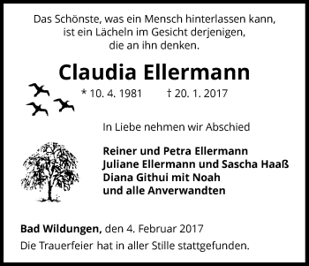 Traueranzeige von Claudia Ellermann von Waldeckische Landeszeitung