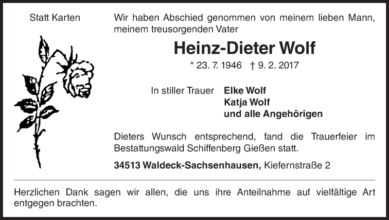  Traueranzeige für Heinz-Dieter Wolf vom 25.02.2017 aus Waldeckische Landeszeitung
