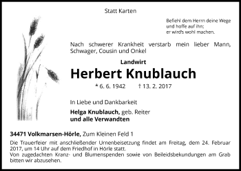 Traueranzeige von Herbert Knublauch von Waldeckische Landeszeitung