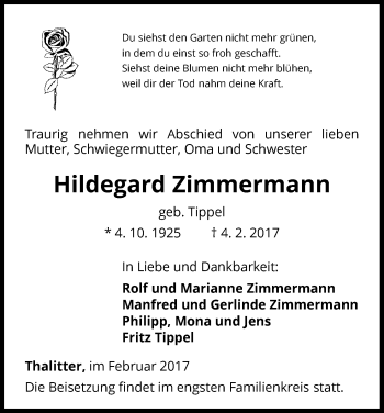 Traueranzeige von Hildegard Zimmermann von Waldeckische Landeszeitung