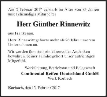 Traueranzeige von Günther Rinnewitz von Waldeckische Landeszeitung