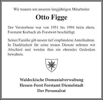 Traueranzeige von Otto Figge von Waldeckische Landeszeitung