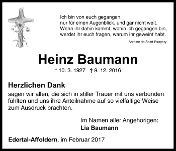 Traueranzeige von Heinz Baumann von Waldeckische Landeszeitung