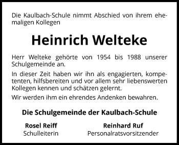 Traueranzeige von Heinrich Welteke von Waldeckische Landeszeitung