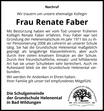 Traueranzeige von Renate Faber von Waldeckische Landeszeitung