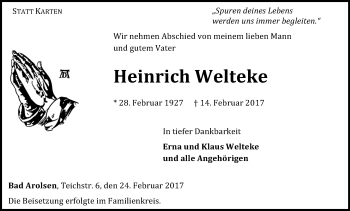 Traueranzeige von Heinrich Welteke von Waldeckische Landeszeitung