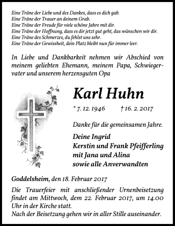 Traueranzeige von Karl Huhn von Waldeckische Landeszeitung