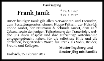 Traueranzeige von Frank Janik von Waldeckische Landeszeitung