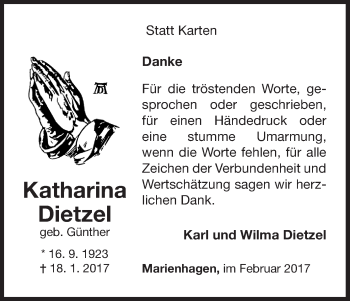 Traueranzeige von Katharina Dietzel von Waldeckische Landeszeitung