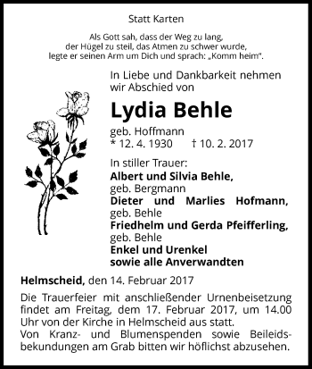 Traueranzeige von Lydia Behle von Waldeckische Landeszeitung