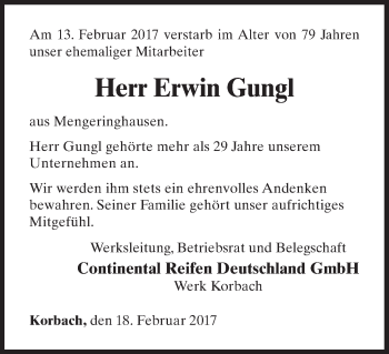 Traueranzeige von Erwin Gungl von Waldeckische Landeszeitung
